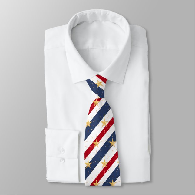 Striped Red White & Blue 2 Gold Star Spangled Tie (Tied)