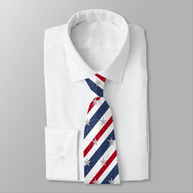 Striped Red White & Blue 2 Star Spangled Neck Tie (Tied)