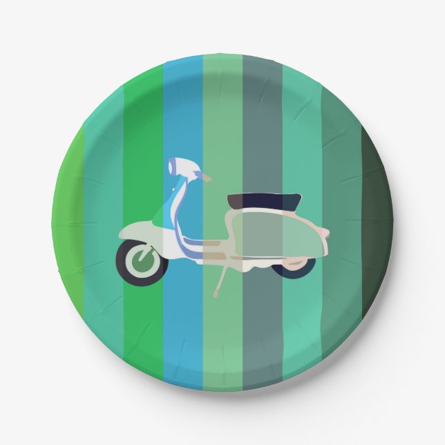 Striped Retro Scooter Party Paper Plates (Front)