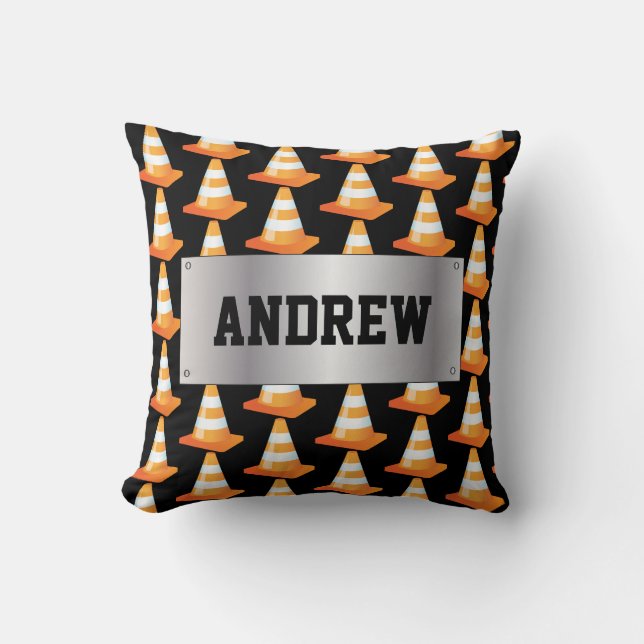 Striped Road Traffic Cone Funny Construction Throw Pillow (Front)