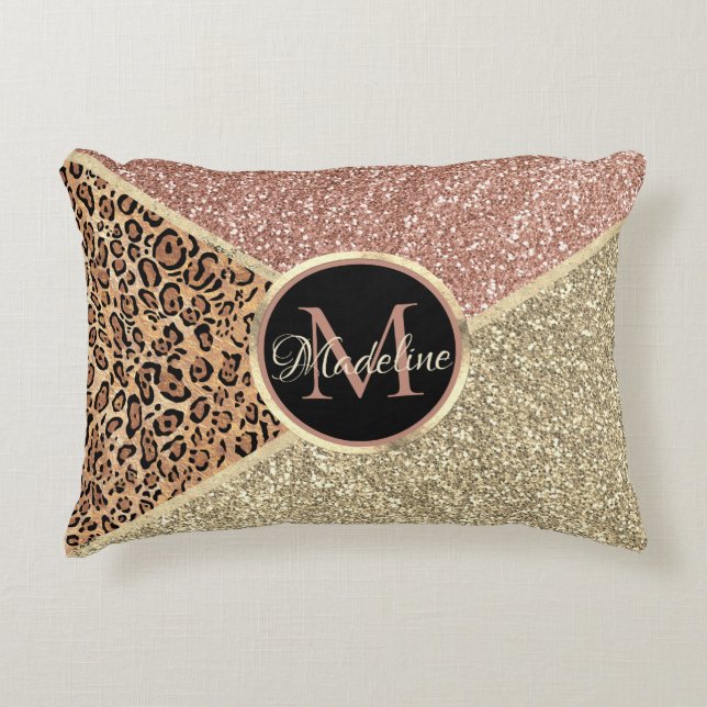 Striped Rose Gold Glitter Leopard Monogram Accent Pillow (Front)