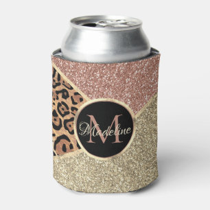 Striped Rose Gold Glitter Leopard Monogram Can Cooler