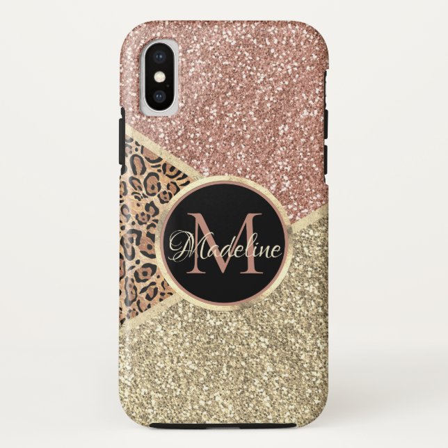 Striped Rose Gold Glitter Leopard Monogram Case-Mate iPhone Case (Back)