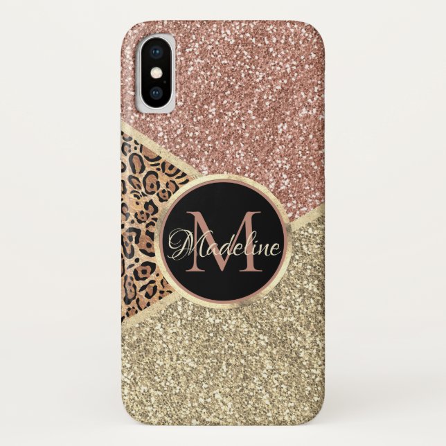 Striped Rose Gold Glitter Leopard Monogram Case-Mate iPhone Case (Back)