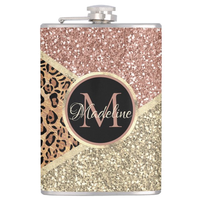 Striped Rose Gold Glitter Leopard Monogram Hip Flask (Front)