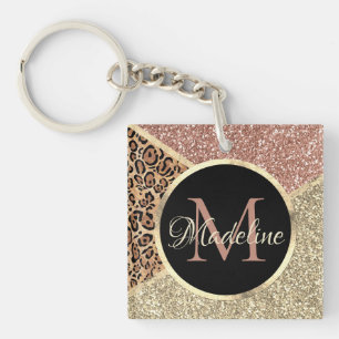 Striped Rose Gold Glitter Leopard Monogram Keychain
