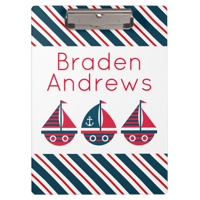 Striped Sailboats Personalized Clipboard (Front)