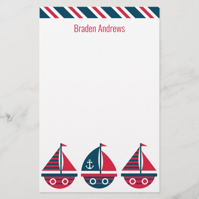Striped Sailboats Personalized Stationery (Front)