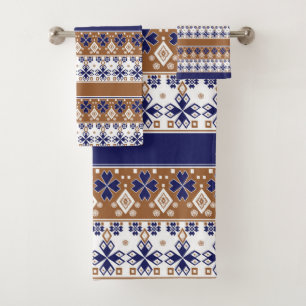 Striped scandinavian pattern brown blue bath towel set