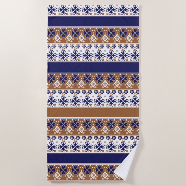 Striped scandinavian pattern brown blue beach towel (Front)