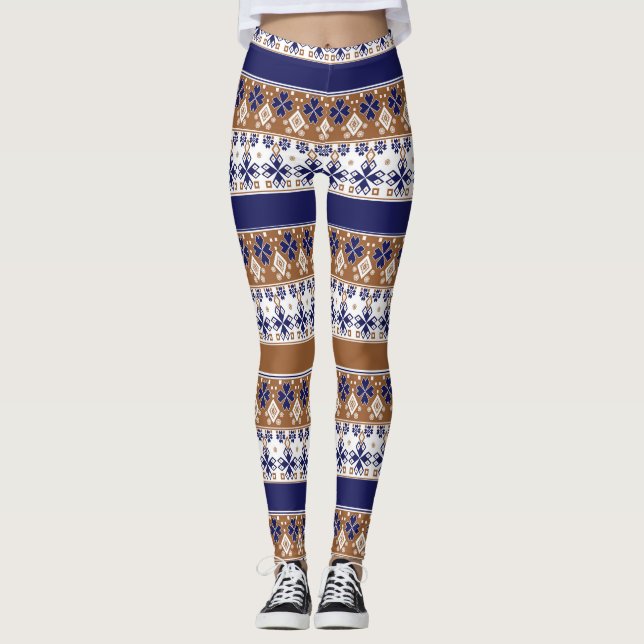 Striped scandinavian pattern brown blue leggings (Front)
