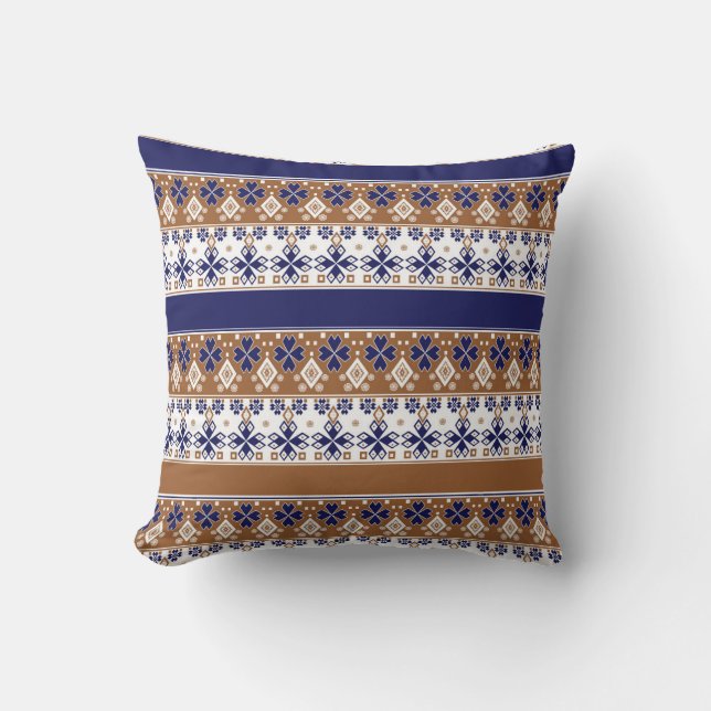 Striped scandinavian pattern brown blue throw pillow (Front)