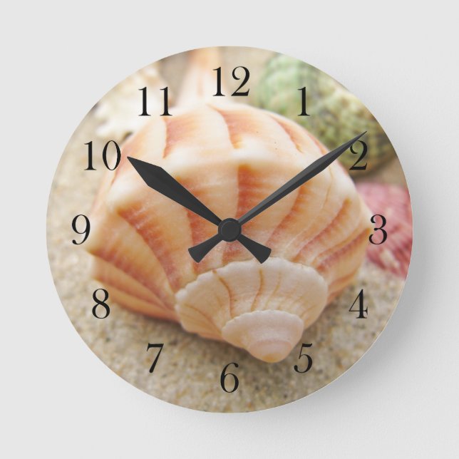 Striped Sea Shell Lightning Whelk Round Clock (Front)
