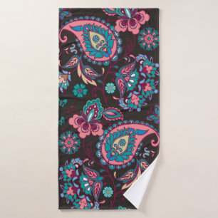 Striped seamless pattern with paisley on black bac bath towel