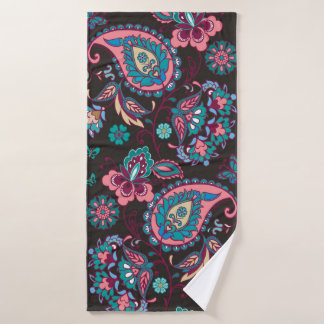 Striped seamless pattern with paisley on black bac bath towel