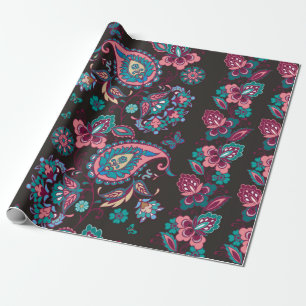Striped seamless pattern with paisley on black bac wrapping paper