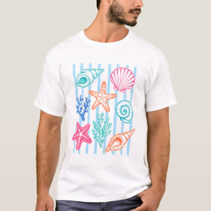Striped Seashell Starfish Coastal Beach Summer Oce T-Shirt