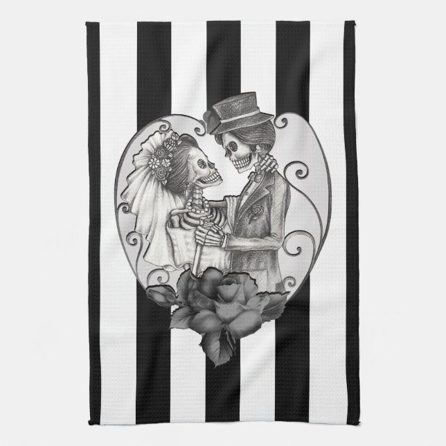 Striped Skeleton Love Couple Marriage Dance Kitchen Towel (Vertical)