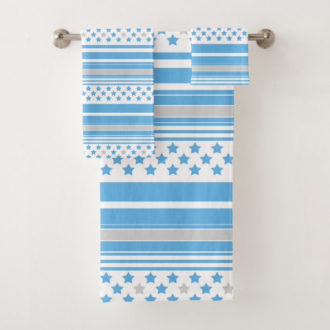 Striped sky blue pattern with stars bath towel set (Insitu)