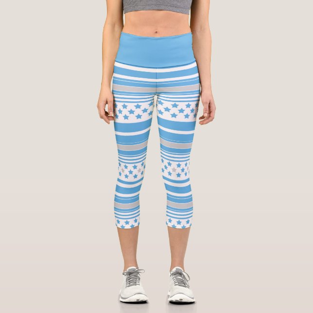 Striped sky blue pattern with stars capri leggings (Front)