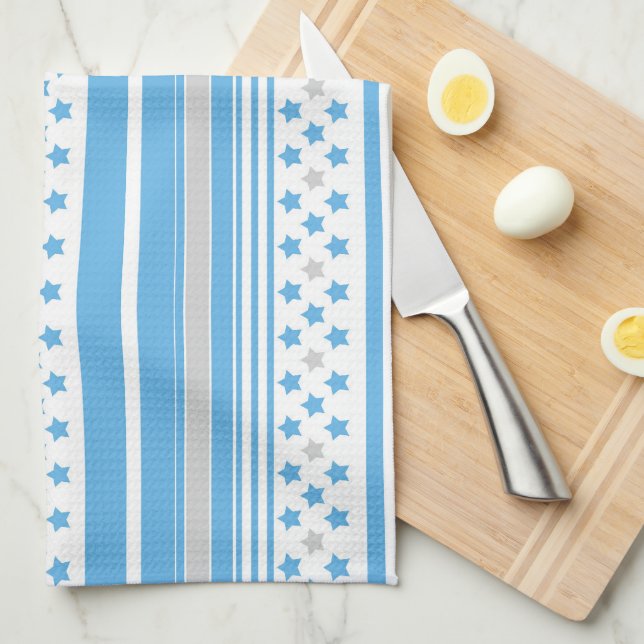 Striped sky blue pattern with stars kitchen towel (Quarter Fold)