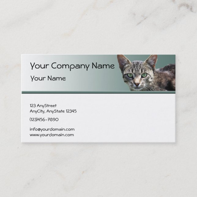 Striped Tabby with Green Eyes on Green Gradient Business Card (Front)