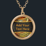 Striped Tiger Fur Print Pattern Personalized Gold Plated Necklace<br><div class="desc">This trendy necklace features a striped tiger print pattern with black animal stripes on a very bright orange, yellow and cream fur background. Bring out the wild cat in you with this cool feline design. It's the perfect bold, original look for animal lovers. Add your own text to the black...</div>