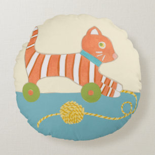 Striped Toy Cat with Ball of String Round Pillow