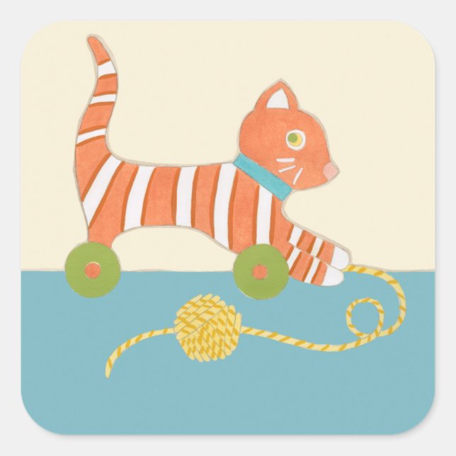 Striped Toy Cat with Ball of String Square Sticker (Front)