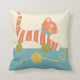 Striped Toy Cat with Ball of String Throw Pillow