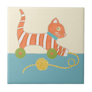 Striped Toy Cat with Ball of String Tile
