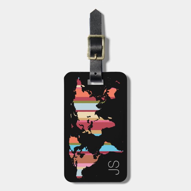striped travel world map personalized luggage tag (Front Vertical)