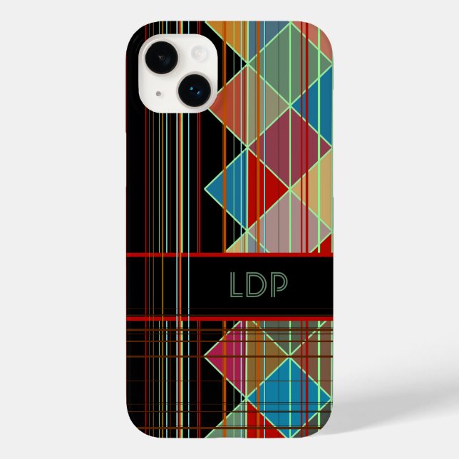 Striped Triangle Shapes with Initials on Black Case-Mate iPhone Case (Back)