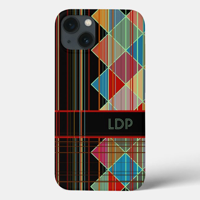 Striped Triangle Shapes with Initials on Black Case-Mate iPhone Case (Back)