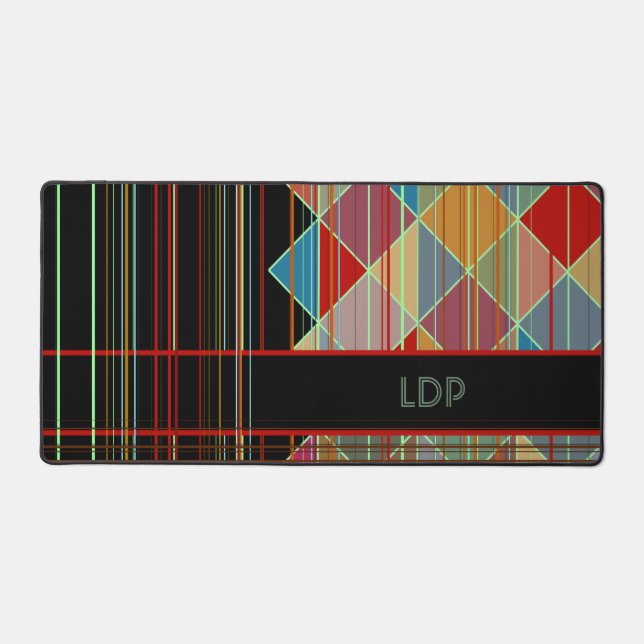 Striped Triangle Shapes with Initials on Black Desk Mat (Front)