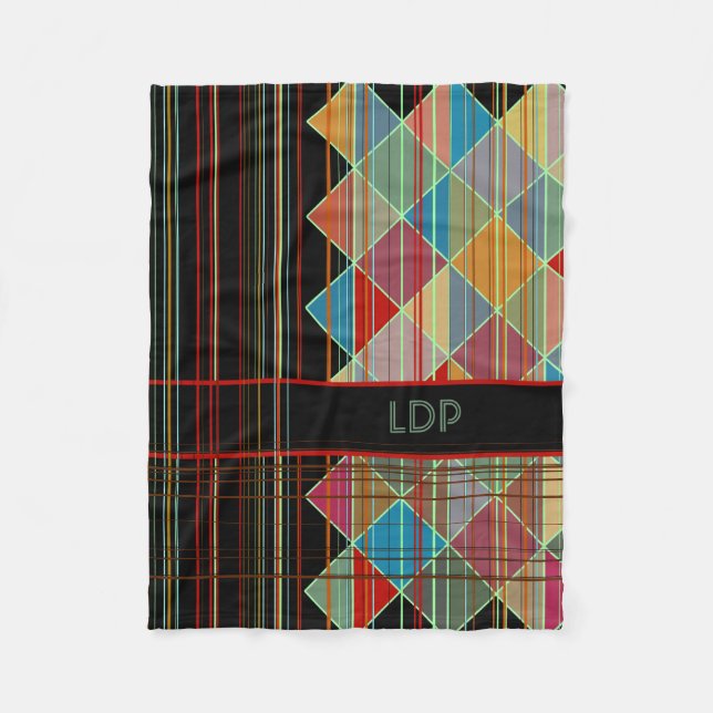 Striped Triangle Shapes with Initials on Black Fleece Blanket (Front)
