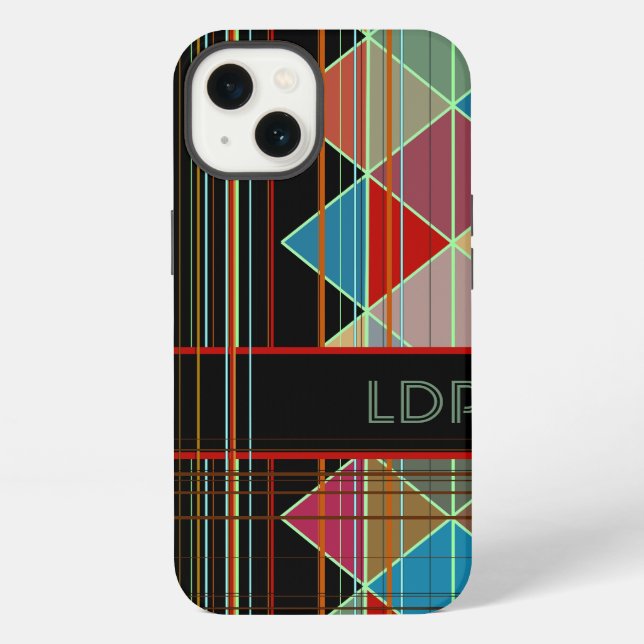 Striped Triangle Shapes with Initials on Black iPhone Case (Back)