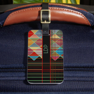 Striped Triangle Shapes with Initials on Black Luggage Tag