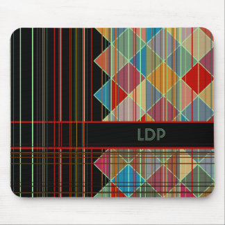 Striped Triangle Shapes with Initials on Black Mouse Pad