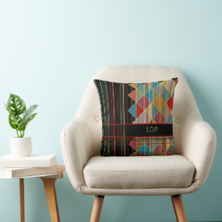 Striped Triangle Shapes with Initials on Black Throw Pillow