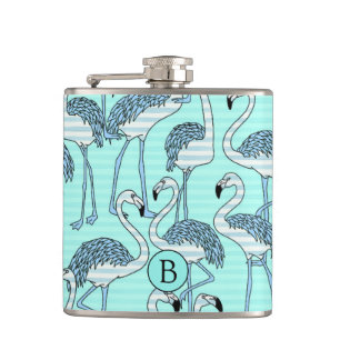 Striped Turquoise Flamingos Pattern Monogram Hip Flask