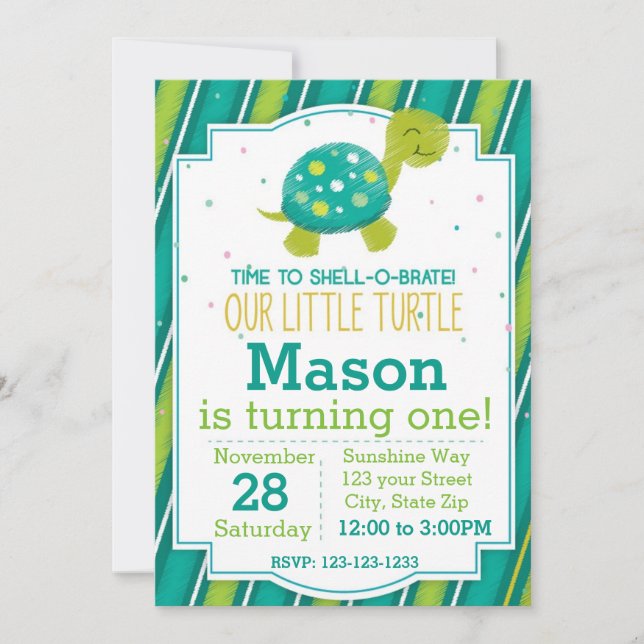 Striped Turtle Birthday Invitation (green) (Front)