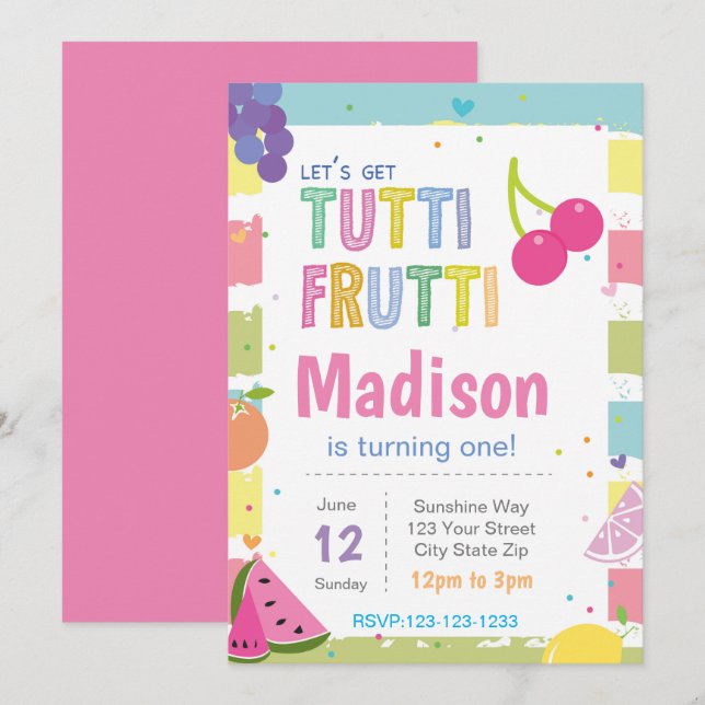 Striped Tutti Fruitti Birthday Invitation (Front/Back)