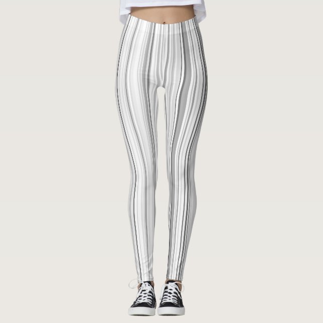 Striped Vertical Stripes White Grey Light Grey Leggings (Front)
