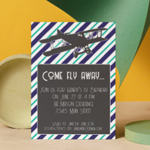 Striped Vintage Airplane Birthday Invitation