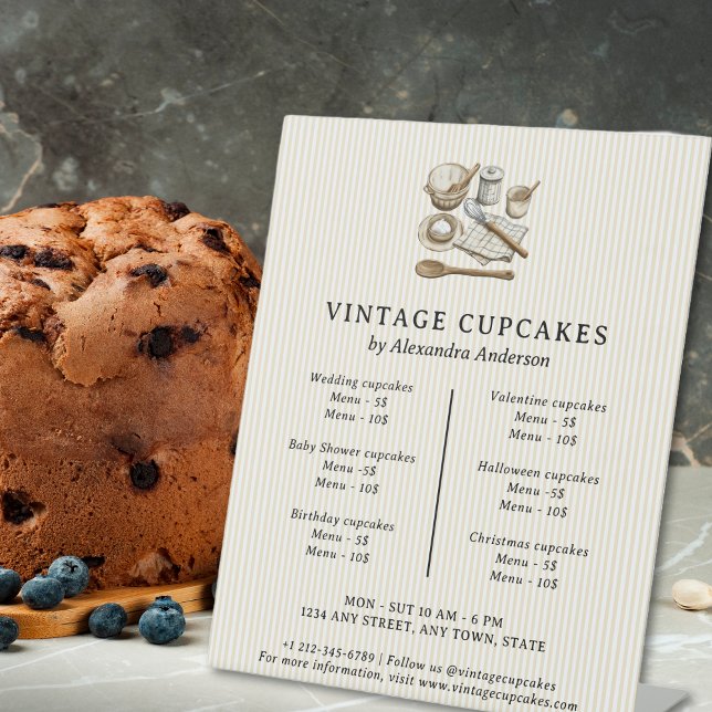 Striped Vintage Cooking Utensils Bakery Price Pedestal Sign (Striped Vintage Cooking Utensils Bakery Price Pedestal Sign)