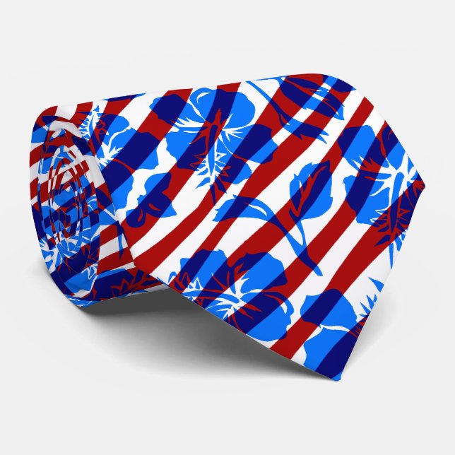 Striped Vintage Hawaiian Hibiscus Two-sided print Tie (Rolled)