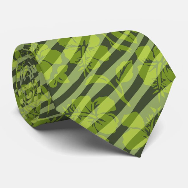 Striped Vintage Hibiscus Hawaiian 2-sided Printed Tie (Rolled)