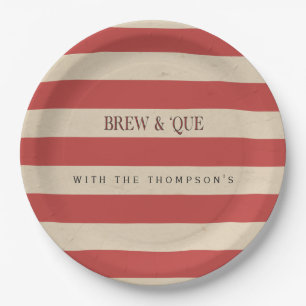 Striped Vintage Red/Tan   Brew & 'Que Personalized Paper Plate