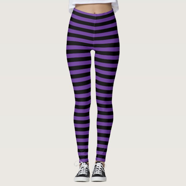 Striped Violet and Black Halloween Wicked Witch Leggings (Front)